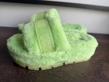 UGG Fluffita Clear Platform Slide Wool Sandal Women's Green Slippers Fuzzy sz 9