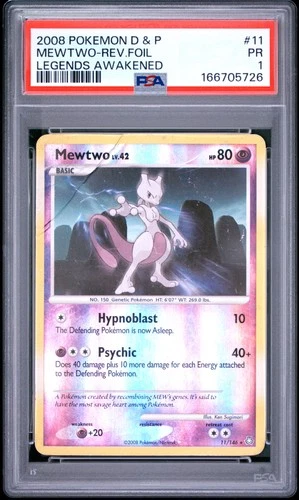 2008 POKEMON DIAMOND & PEARL LEGENDS AWAKENED #11 MEWTWO-REVERSE FOIL PSA 1