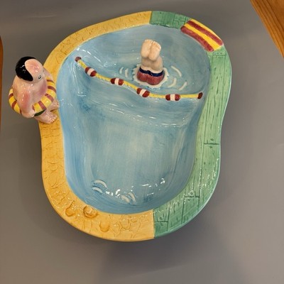 VNTG Lotus Swimming Pool Take a Dip Serving Bowl Chubby Diver Chip Dip 1995