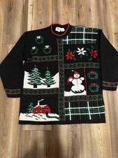 Vintage Nutcracker Christmas Sweater Women Large Made In USA Snowman Tree Black