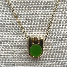 Vtg  Modernist Green Enamel Pendant Necklace Gold Tone 1970s Statement Jewelry