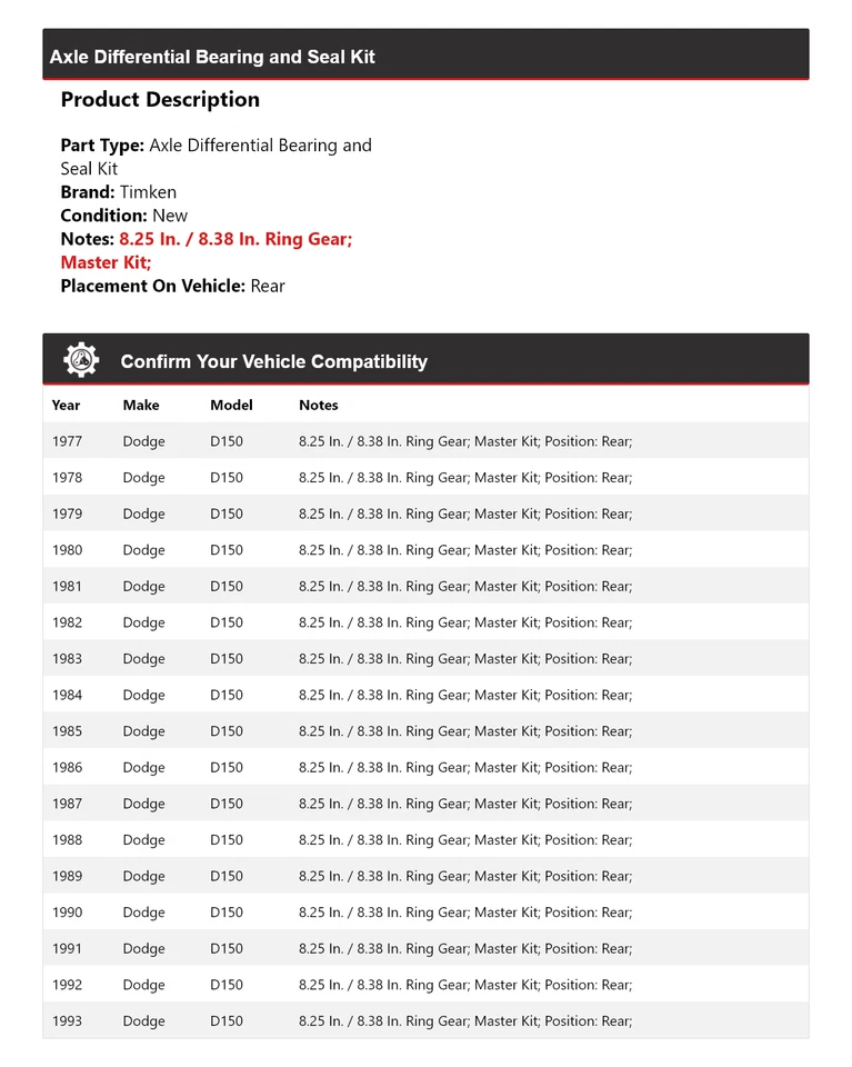 Kit de cojinete y sello diferencial de eje trasero Timken 1978 para Dodge D150 1977-1993 Foto 2 de 3