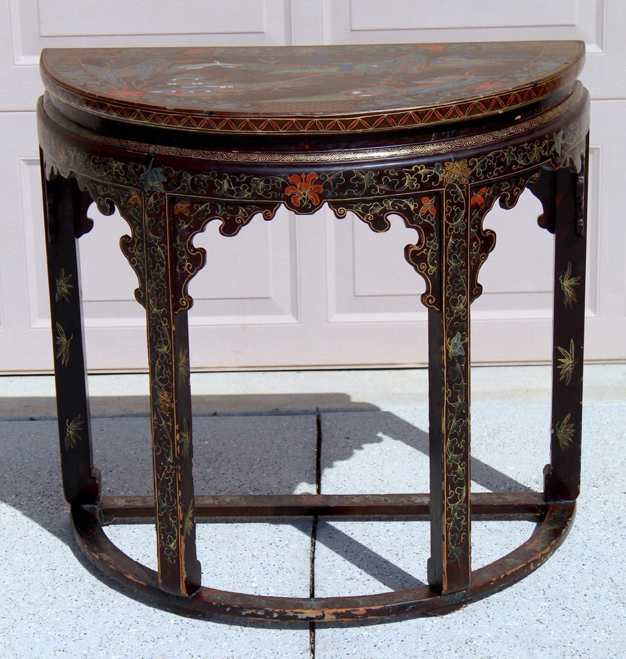 Antigua mesa consola china del siglo XIX, pintada a mano de laca marrón Foto 3 de 4