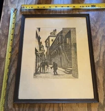 Old 11" x 14" Copper Plate Etching Print ON THE CITY WALLS, Pencil Signed