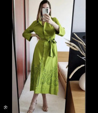 ZARA GREEN EMBROIDERED CUTWORK SHIRT DRESS SMALL S 4786/093