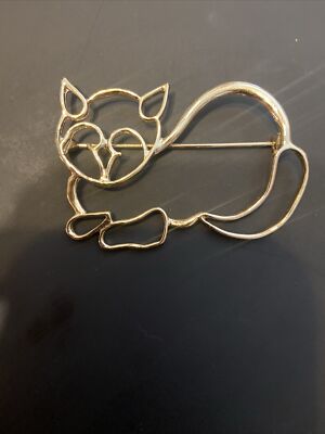 Vintage Cat Kitty Pin Gold Tone Outline Metal Big Brooch