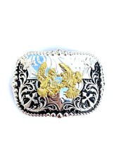Western Buckle Gold Black Silver Rooster Cowboy 2''Buckle Hebilla Vaquero Gallo