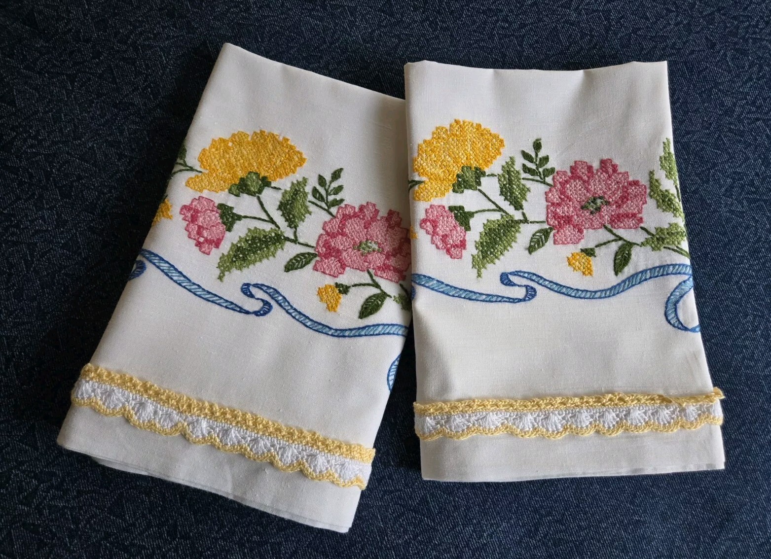 Pair of HandEmbroidered Pillowcases with Crochet Trim, CrossStitched