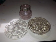 lot of 3 vintage flower frogs 1 clear glass 1 champagne glass and 1 cage metal