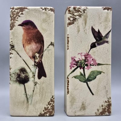 Pair Wall Pockets Hummingbird and Songbird Crazed Glaze 1 Cup, 7x3x1.25''