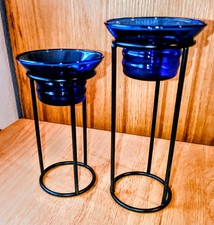 Set/2 Cobalt Blue Glass Tealight Candle Holders w/ Metal Cylindrical Stands - A
