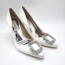 White Satin Pumps Womens 5.5 Jeweled Buckle Pointed Toe Bridal Badgley Mischka