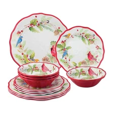 UPware 12 Piece Winter Birds Melamine Dinnerware Sets, Outdoor Dishes Set, Pl...