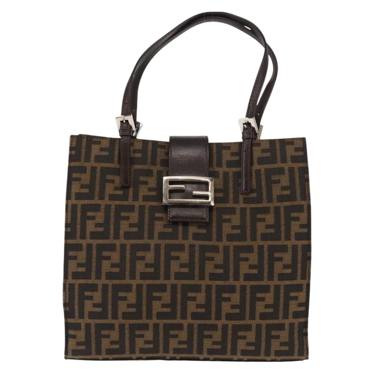 FENDI Zucca Canvas Mamma Baguette Tote Bag Black Silver Brown Auth