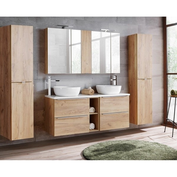 Badezimmer BadmöBelset Eiche 140Cm Keramik Waschtisch Spiegelschrank Hochschrank-image