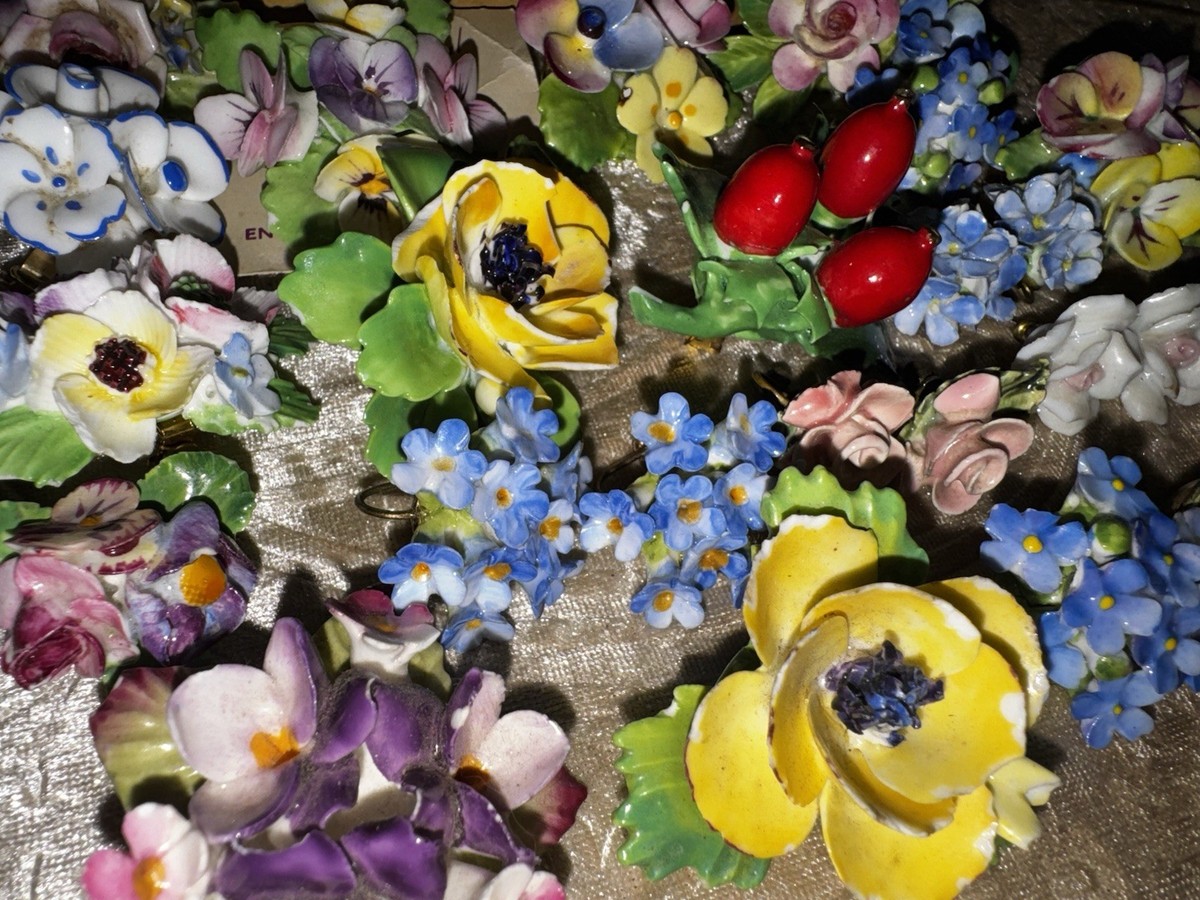 Vtg Jewelry Lot Signed English Fine Bone China Flower Art Brooch Earring Garden View 3