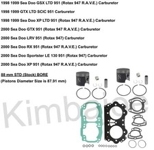 1998 1999 2000 Sea Doo GSX GTX LTD RX XP LTD 951 CARB 88 mm Piston Kits Rebuild