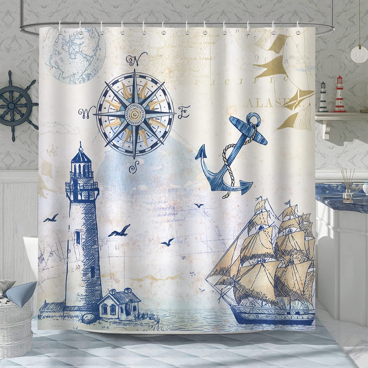 Bonhause Nautical Sailboat Shower W 72"" x L (1 Panels),