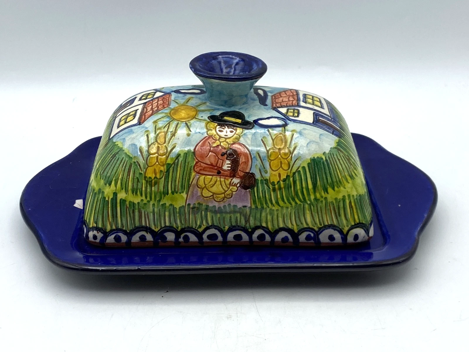 Vintage Flosa Redondo Portugal Butter Dish Hand Painted Folk Art 2pc Signed