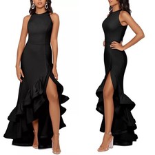 NEW BETSY  ADAM Black ARIELLE Ruffle TIERED SCUBA CREPE Evening GOWN Petite 2P