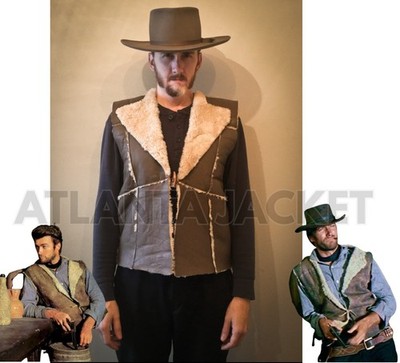 Distressed Clint Handcraft Real Fur Eastwood Man with no Name Brown Leather vest
