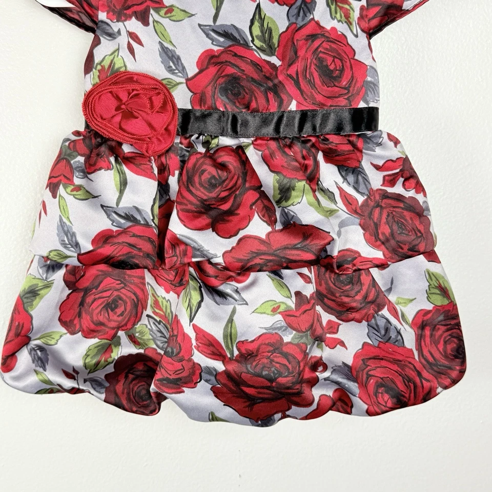 Vestido FAO negro bebé niña floral satinado con faja negra y rosa roja Foto 4 de 4