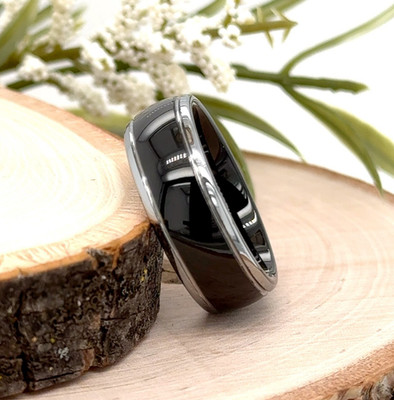 High Polished Beveled Edges Band 8MM Black & Silver Tungsten Ring For Christmas