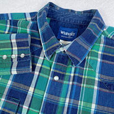 VTG USA Wrangler Western Green Plaid Mens 2XL Cotton Twill L/S Pearl Snap Shirt