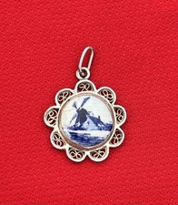 Vintage Holland Windmill Pendant in Delft Style Round Silver (ref IB)