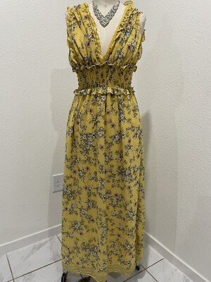 Max Studio Maxi Dress Floral Smocked Waist V Neck Sleeveless