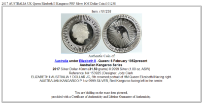 2017 AUSTRALIA UK Queen Elizabeth II Kangaroo PRF Silver 1OZ