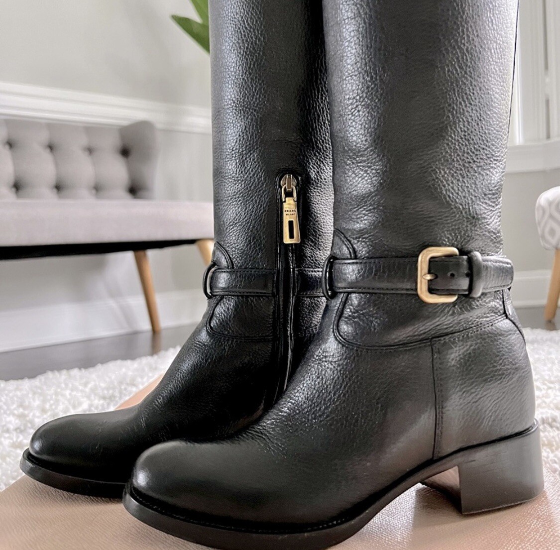 PRADA Cervo Logo Knee High Black Leather Riding Boots with PRADA Cervo Logo Knee High Black Leather Riding Boots with