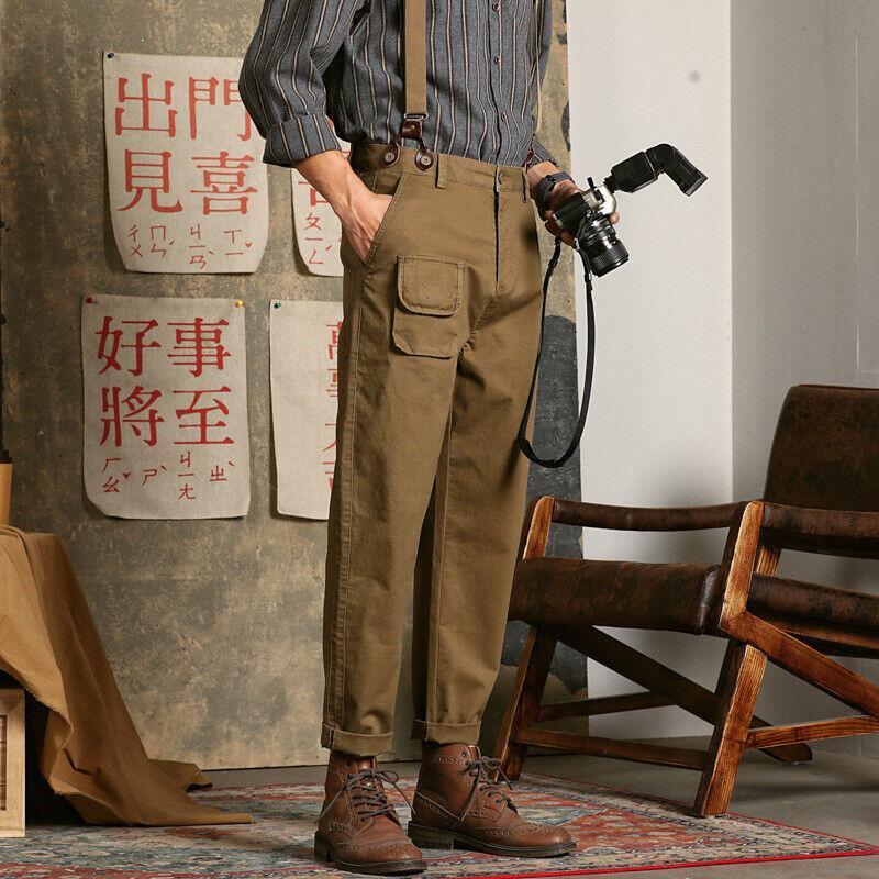Men's Casual Cotton Work Suspenders Braces Pants Loose Wide Leg