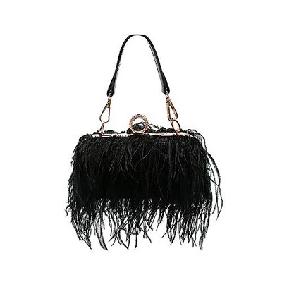 Women's Real Natural Ostrich Feather Clutch Evening Bags Fluffy Purse Handbag