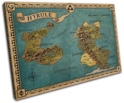 Legend of Zelda Hyrule Map Gaming SINGLE CANVAS WALL ART Picture Print
