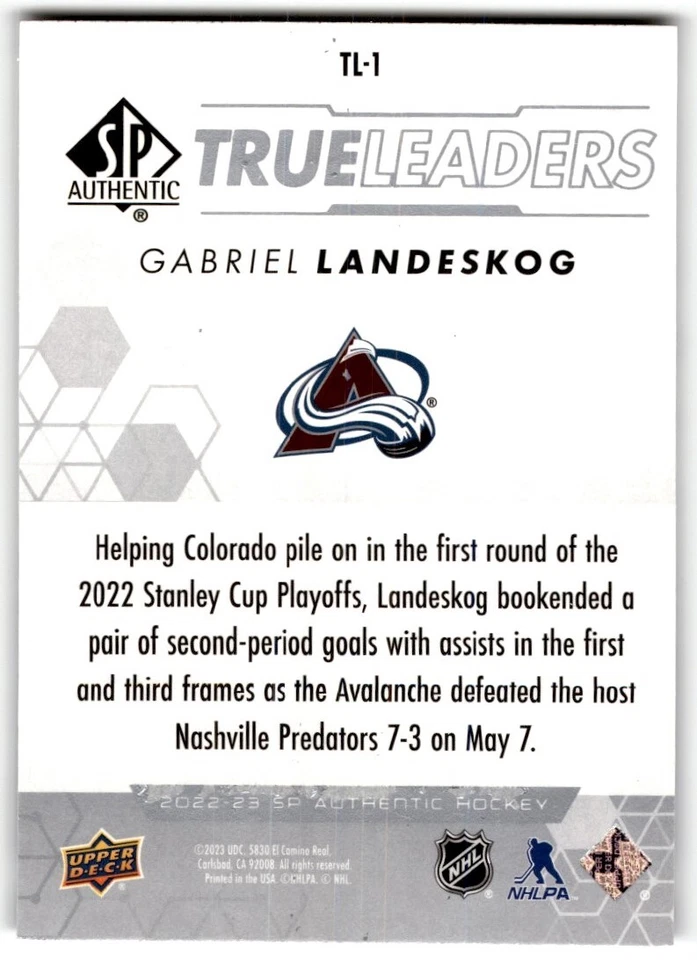 2022-23 SP Authentic True Leaders Gabriel Landeskog #TL-1 Colorado Avalanche - Image 2 of 2
