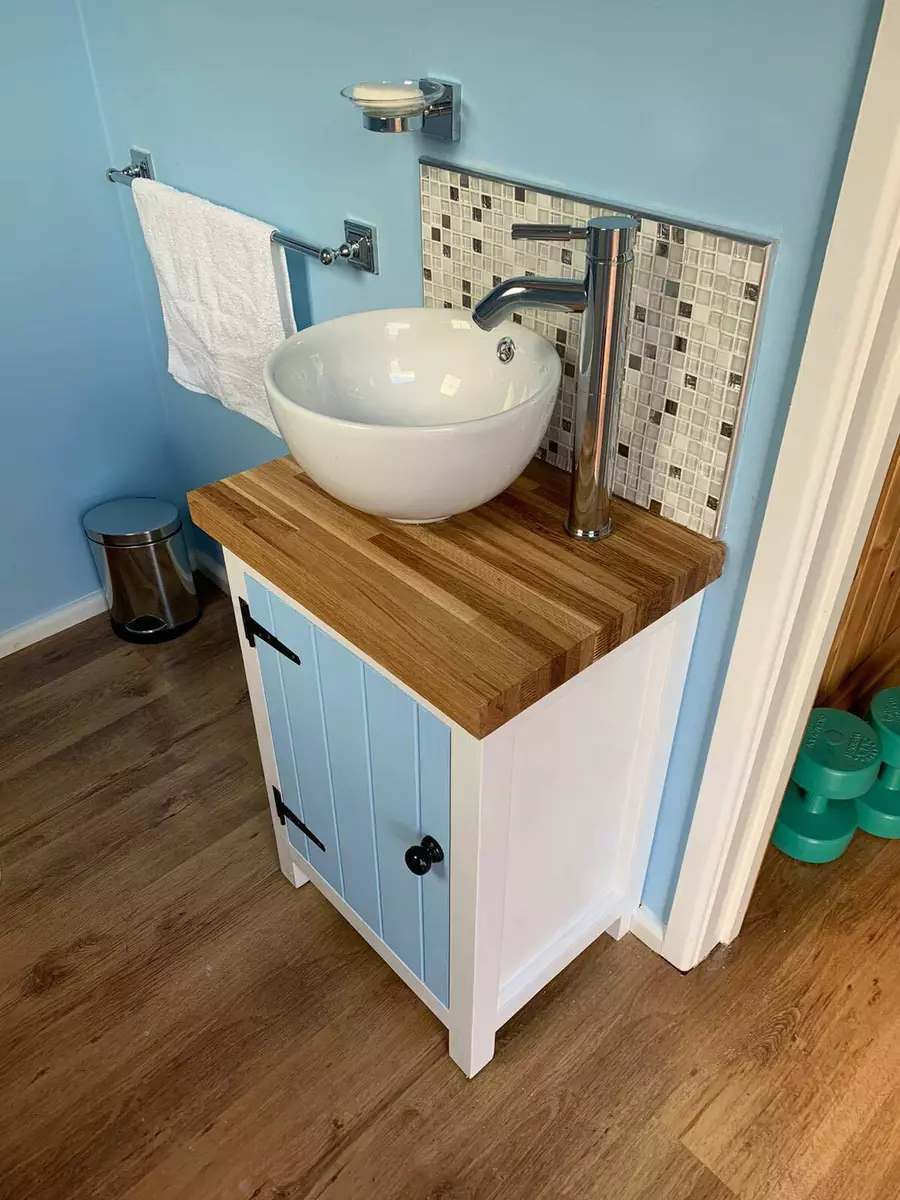 Rustic Wooden Farmhouse Bathroom Sink Cupboard Cabinet Oak Worktop