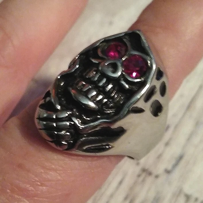 Anillo GRIM REAPER Talla 10 Acero Inoxidable 316L Rojo Circonita Ojos, Calavera, ¡Espeluznante! Foto 2 de 4