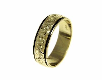 14K GELBGOLD MASSGESCHNEIDERT HAWAIIANISCHE PLUMERIE ROLLE 6 MM SCHWARZER EMAILLE RAND RING