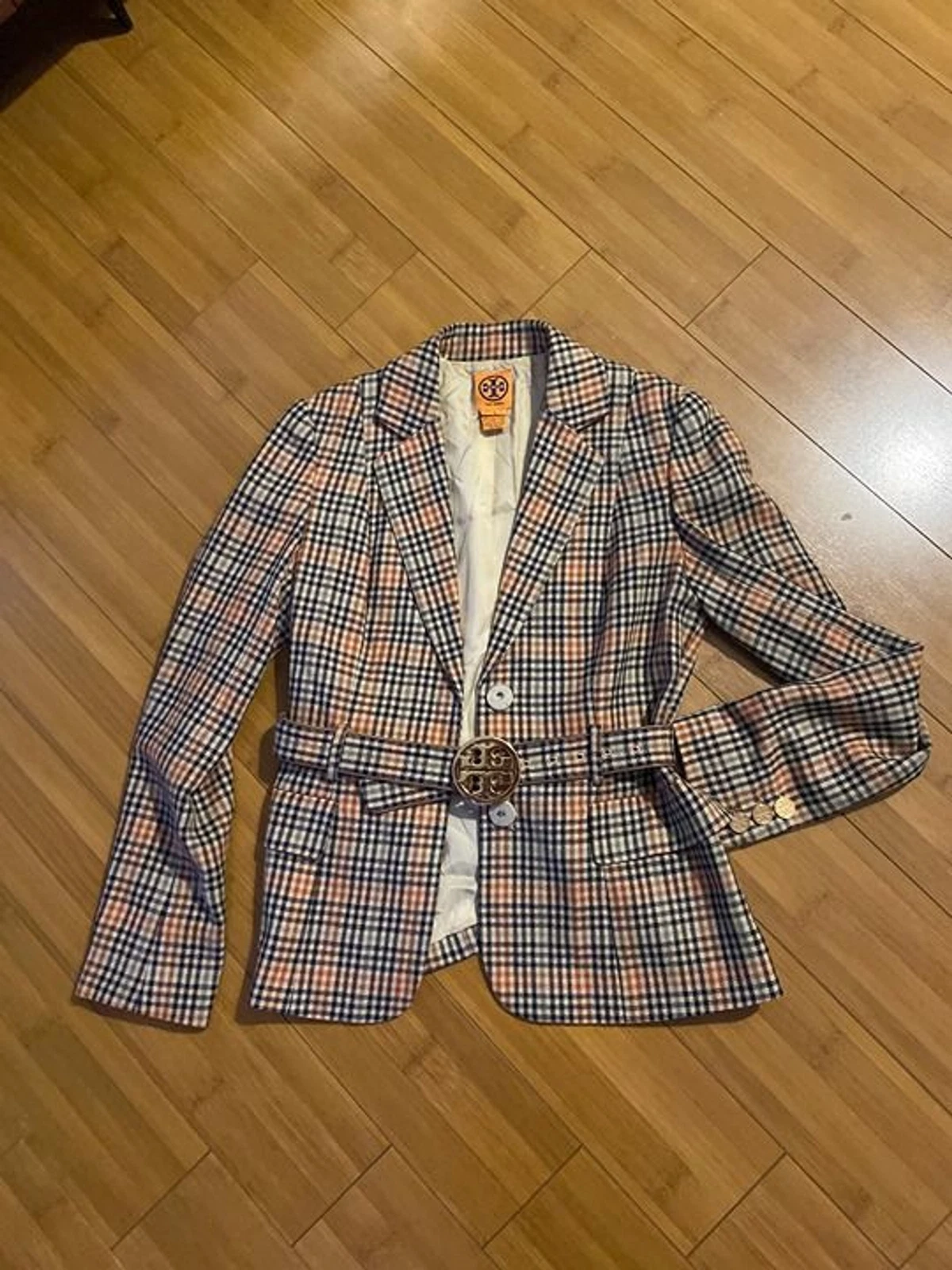 blazer tory burch plaid misto lana seta con cintura oro donna 4 small