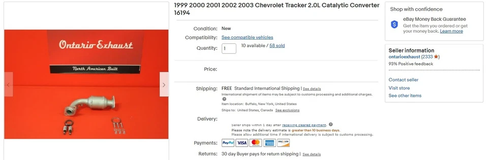 1999 2000 2001 2002 2003 Chevrolet Tracker 2.0L Catalytic Converter 16194 - Image 2 of 3