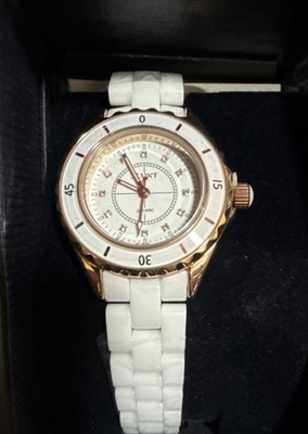 Stauer Women's Wristwatch White Band Diamond Markers Round Gold Case