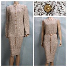 St. John Collection Knits Brown White Jacket Dress L Size 12 10 2pc Suit Buttons