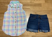 Girl's Cat Jack Old Navy Outfit size 7 - Plaid Top w/Jean Shorts EUC
