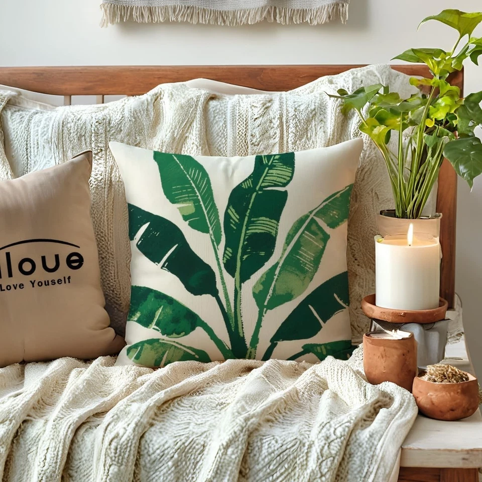 Fundas de almohada de tela de hojas tropicales - Paquete de 4, 18x18 pulgadas, hoja verde... Foto 4 de 4