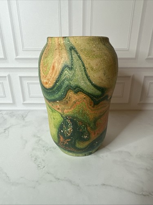 #ad #ad Mid Century Nemadji Style Sand Painted Pottery Vase Green Earth Tones Unsigned $45.00