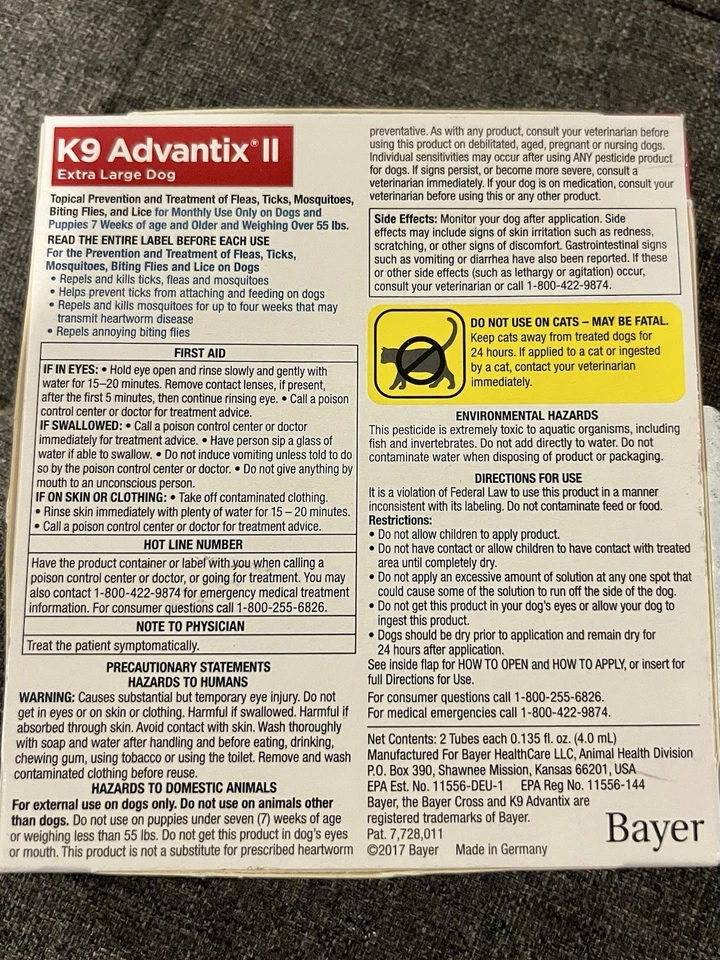 BAYER K9 ADVANTIX II EXTRA LARGE DOGS OVER 55lbs FLEA & TICK TREATMENT  2 DOSES - Image 2 of 4