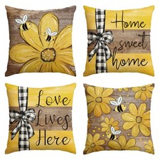 Spring Home Sweet Home Bee Sunflower Throw Pillow Covers, 18 x 18 Inch Love