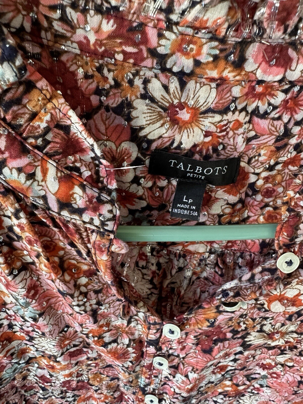 Talbots Floral Size Large Button Blouse Silver Th… - image 3