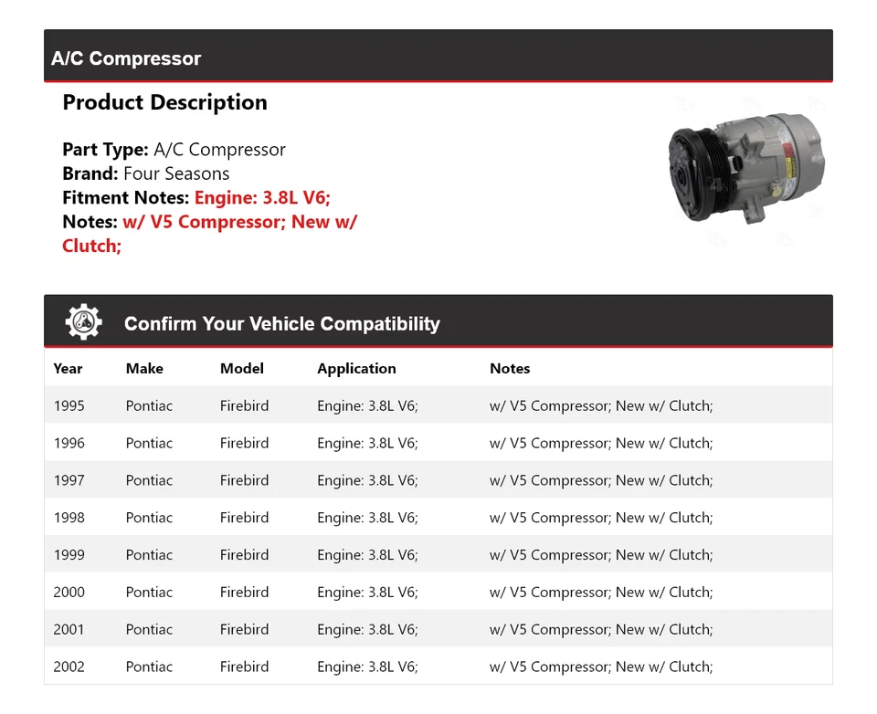Compresor de aire acondicionado para Pontiac Firebird 1995-2002 3,8 L V6 4 estaciones 1996 1997 1998 Foto 2 de 4
